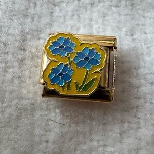 Gold-Toned Blue Flowers Italian Charm Link